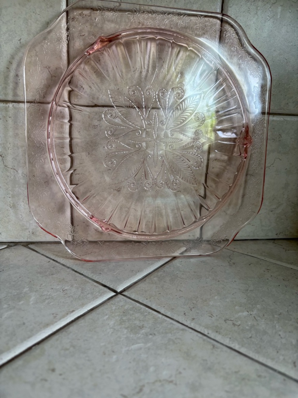 Jeanette pink Adam depression glass cake plate